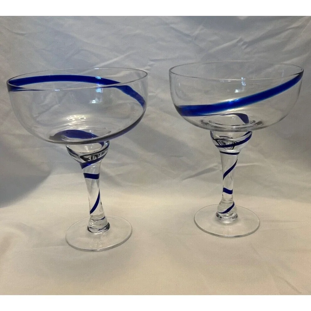 Pier 1 Imports SWIRLINE Cobalt Blue MARGARITA GLASSES Set of 2 - Picture 1 of 3